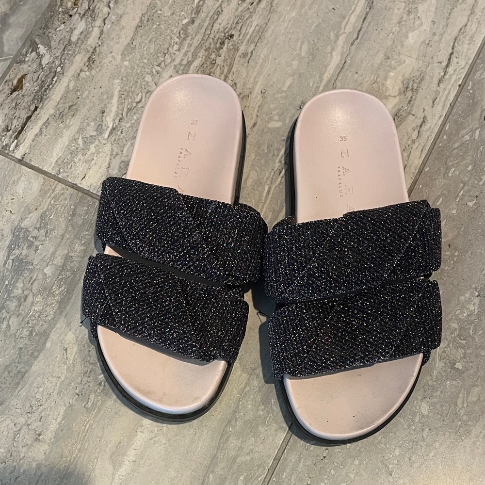 Zara Glittery Black Slide Sandals